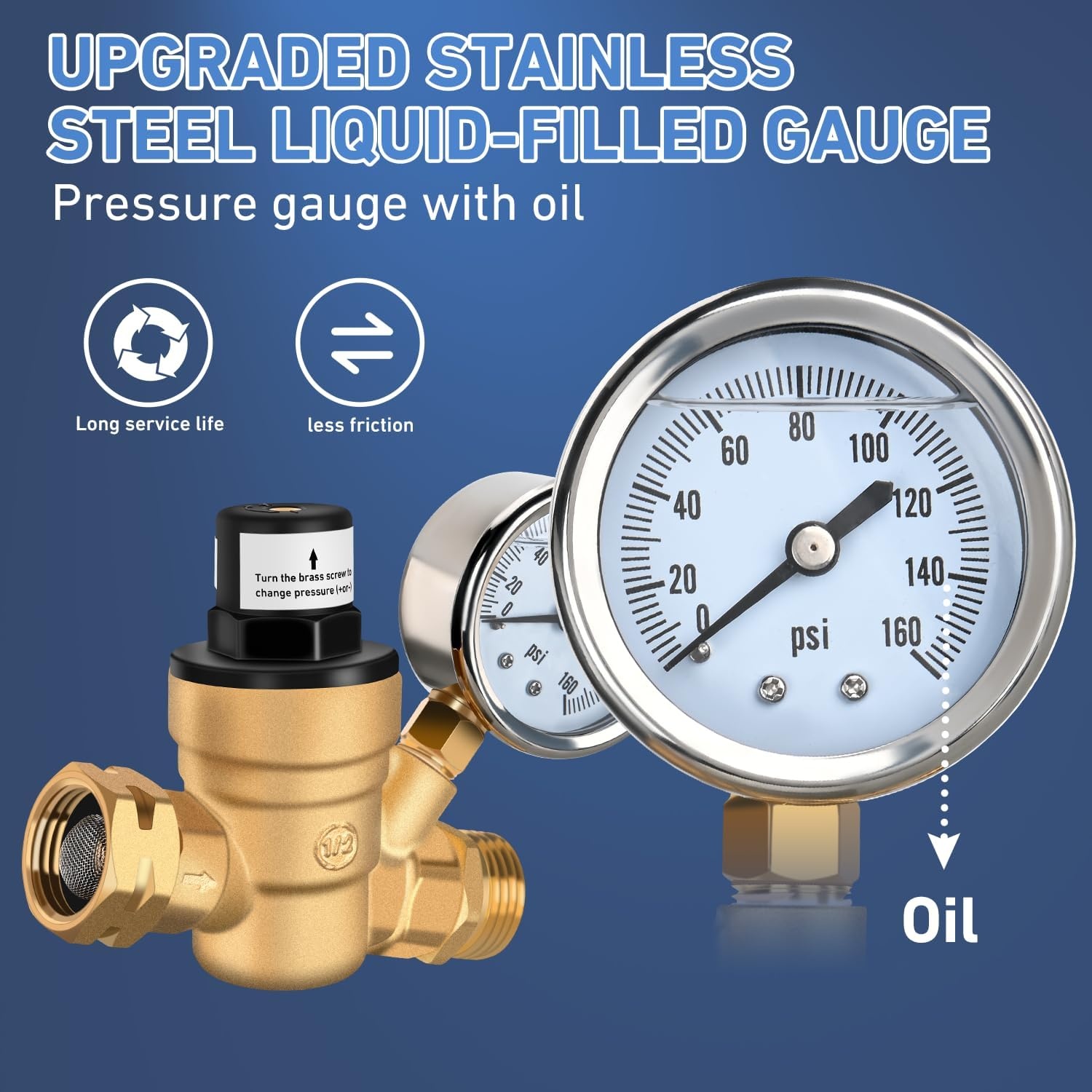 image:imageNilight RV Water Pressure Regulator for RV Camper Adjustable Handle Water Hose Pressure Regulator with Oil Filled Gauge and Inlet Screen Filter Brass Leadfree Reducer Valve for Camper Travel TrailerScrewdriver Adjustable  Oil Filled Gauge