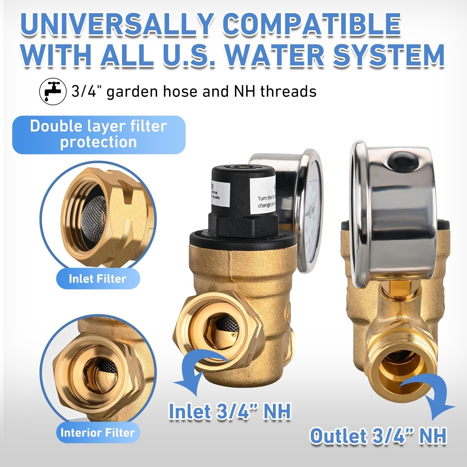image:imageNilight RV Water Pressure Regulator for RV Camper Adjustable Handle Water Hose Pressure Regulator with Oil Filled Gauge and Inlet Screen Filter Brass Leadfree Reducer Valve for Camper Travel TrailerScrewdriver Adjustable  Oil Filled Gauge