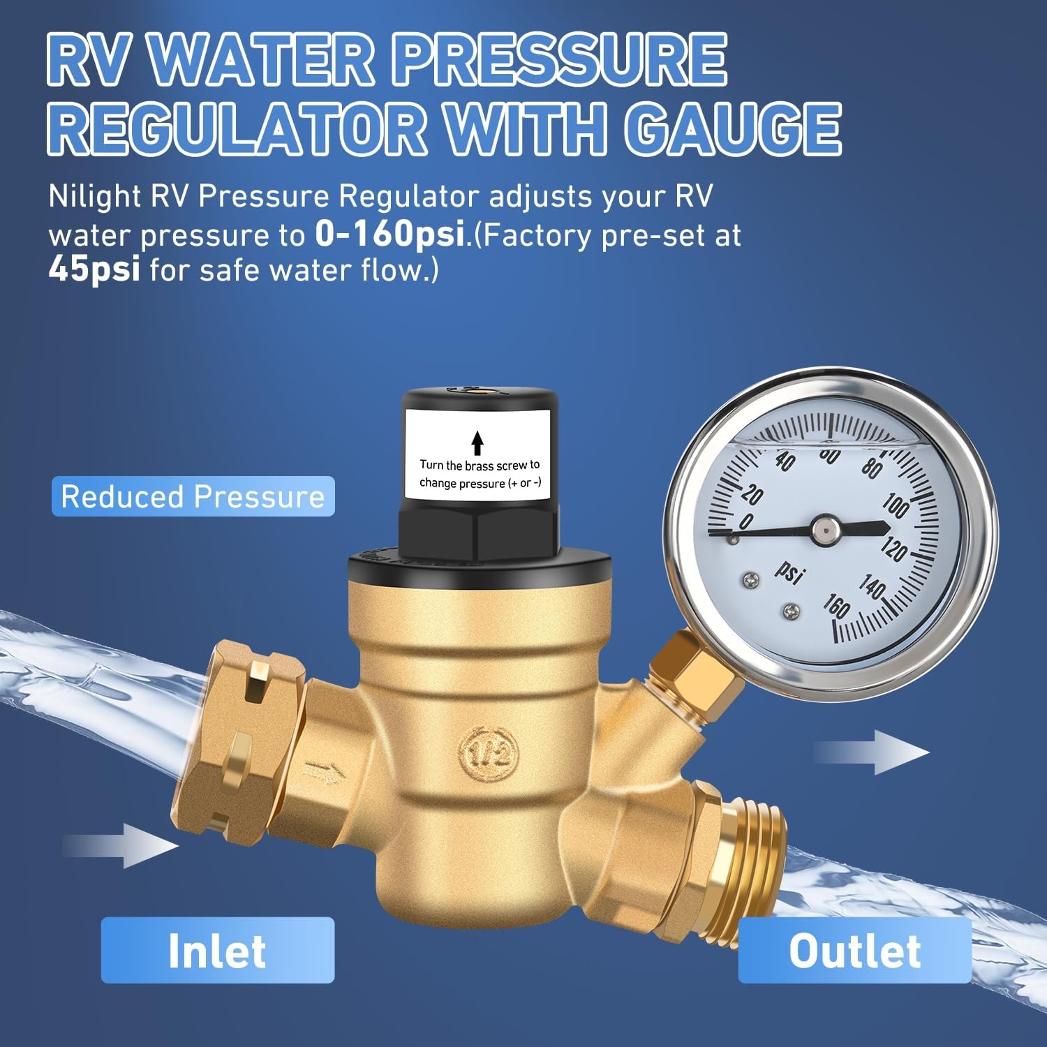 image:imageNilight RV Water Pressure Regulator for RV Camper Adjustable Handle Water Hose Pressure Regulator with Oil Filled Gauge and Inlet Screen Filter Brass Leadfree Reducer Valve for Camper Travel TrailerScrewdriver Adjustable  Oil Filled Gauge