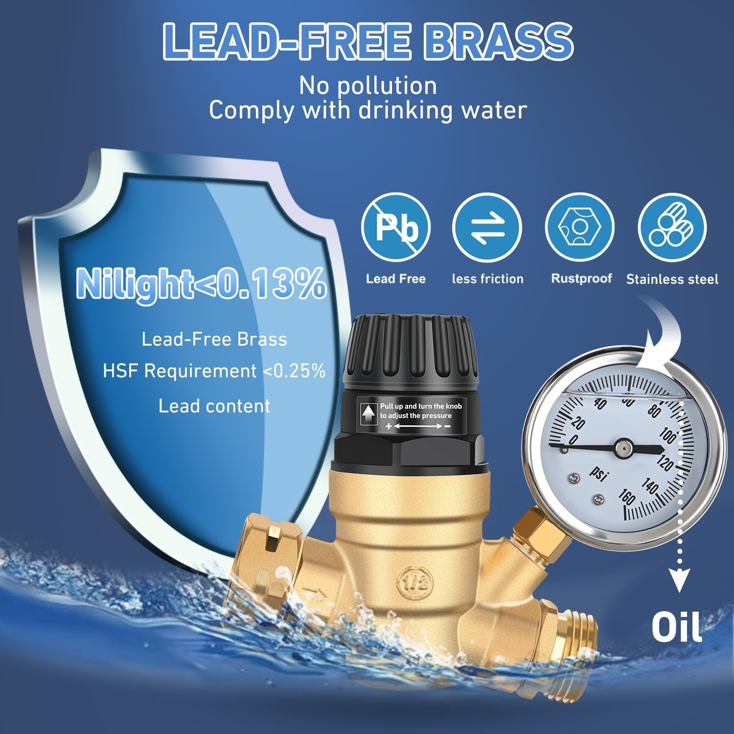 image:imageNilight RV Water Pressure Regulator for RV Camper Adjustable Handle Water Hose Pressure Regulator with Oil Filled Gauge and Inlet Screen Filter Brass Leadfree Reducer Valve for Camper Travel TrailerHandwheel adjustment  Oil Filled Gauge
