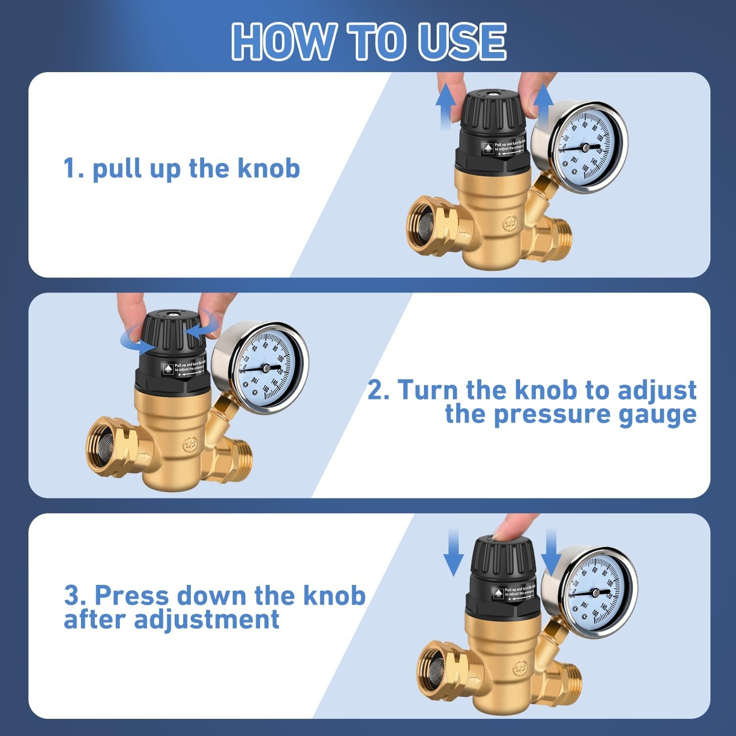 image:imageNilight RV Water Pressure Regulator for RV Camper Adjustable Handle Water Hose Pressure Regulator with Oil Filled Gauge and Inlet Screen Filter Brass Leadfree Reducer Valve for Camper Travel TrailerHandwheel adjustment