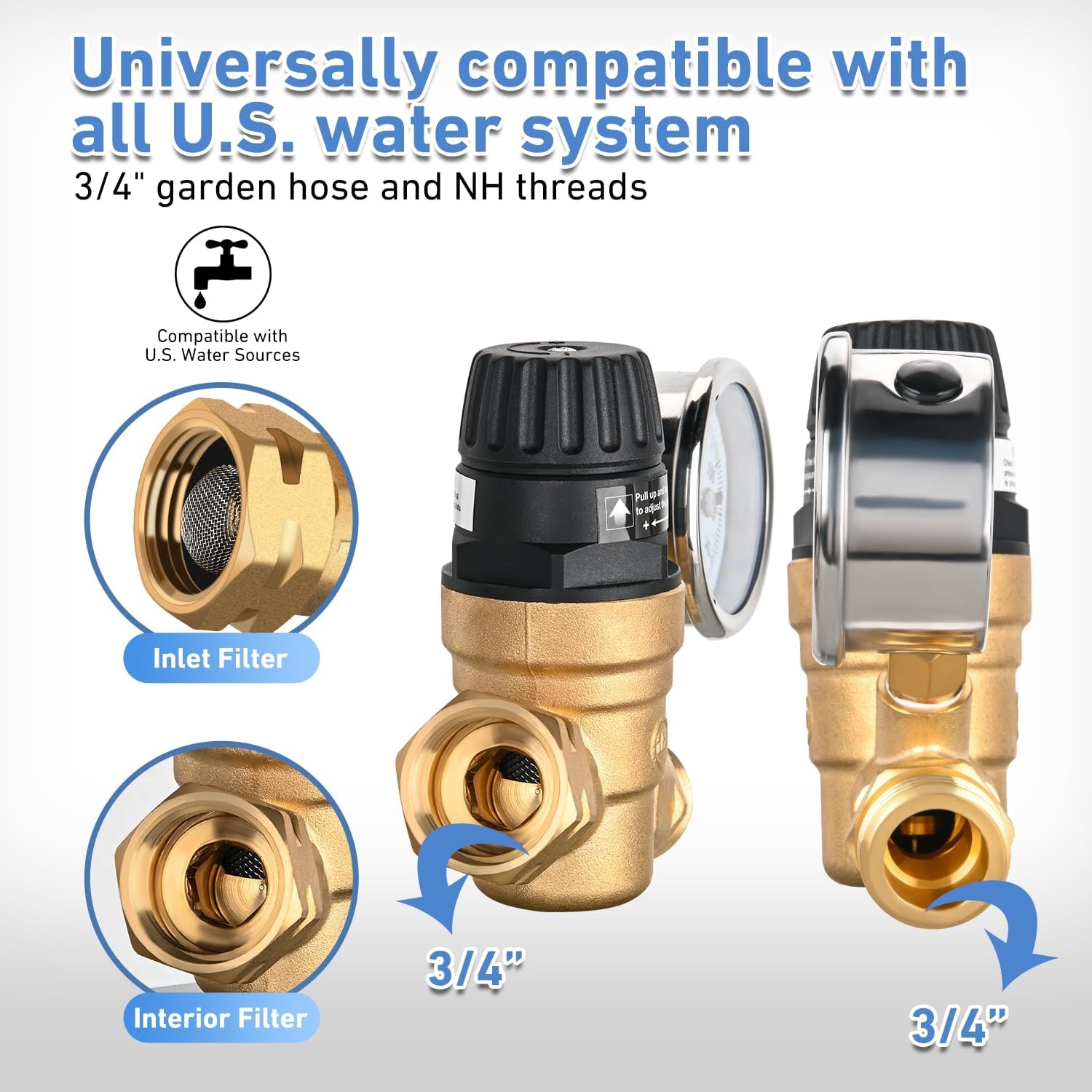 image:imageNilight RV Water Pressure Regulator for RV Camper Adjustable Handle Water Hose Pressure Regulator with Oil Filled Gauge and Inlet Screen Filter Brass Leadfree Reducer Valve for Camper Travel TrailerHandwheel adjustment