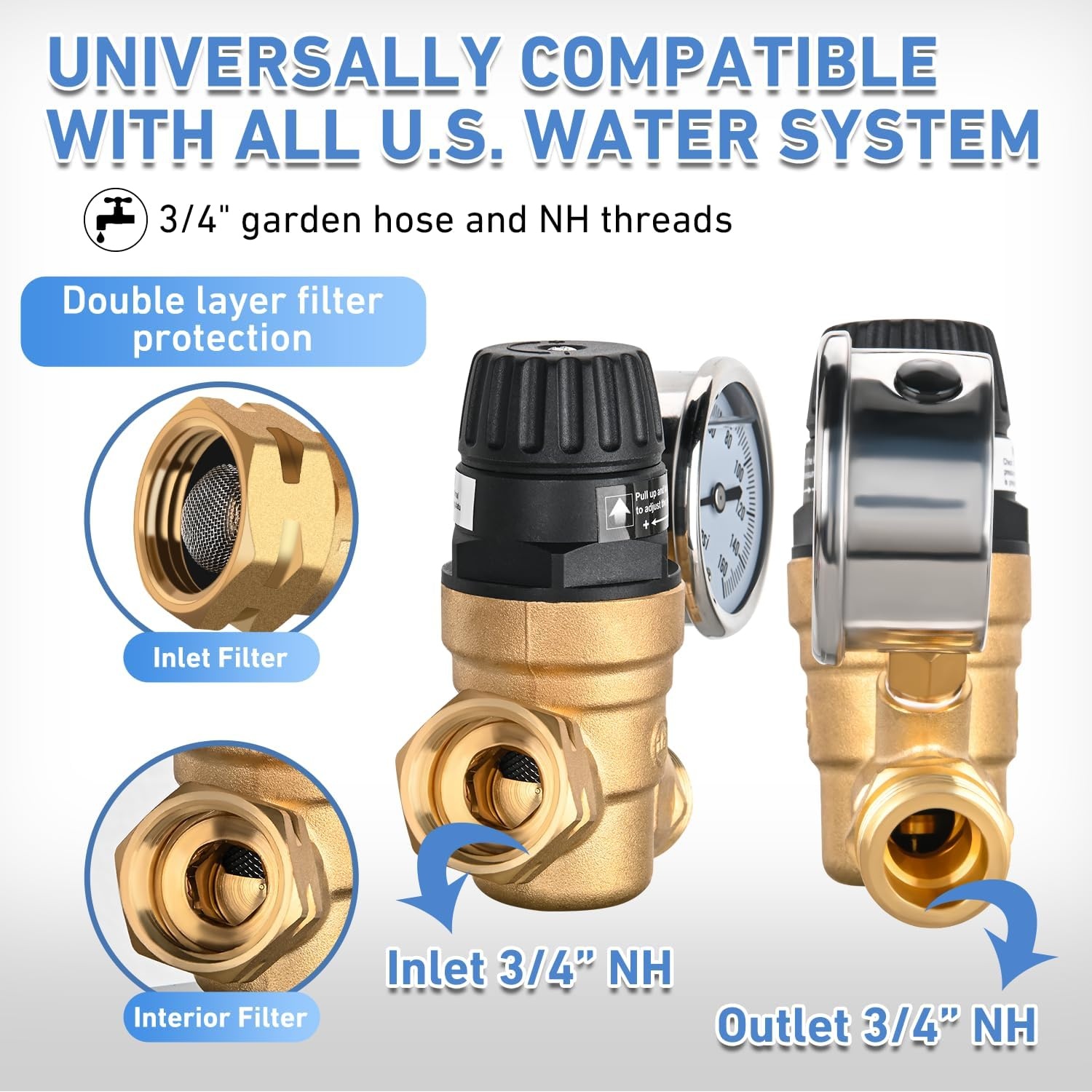 image:imageNilight RV Water Pressure Regulator for RV Camper Adjustable Handle Water Hose Pressure Regulator with Oil Filled Gauge and Inlet Screen Filter Brass Leadfree Reducer Valve for Camper Travel TrailerHandwheel adjustment  Oil Filled Gauge