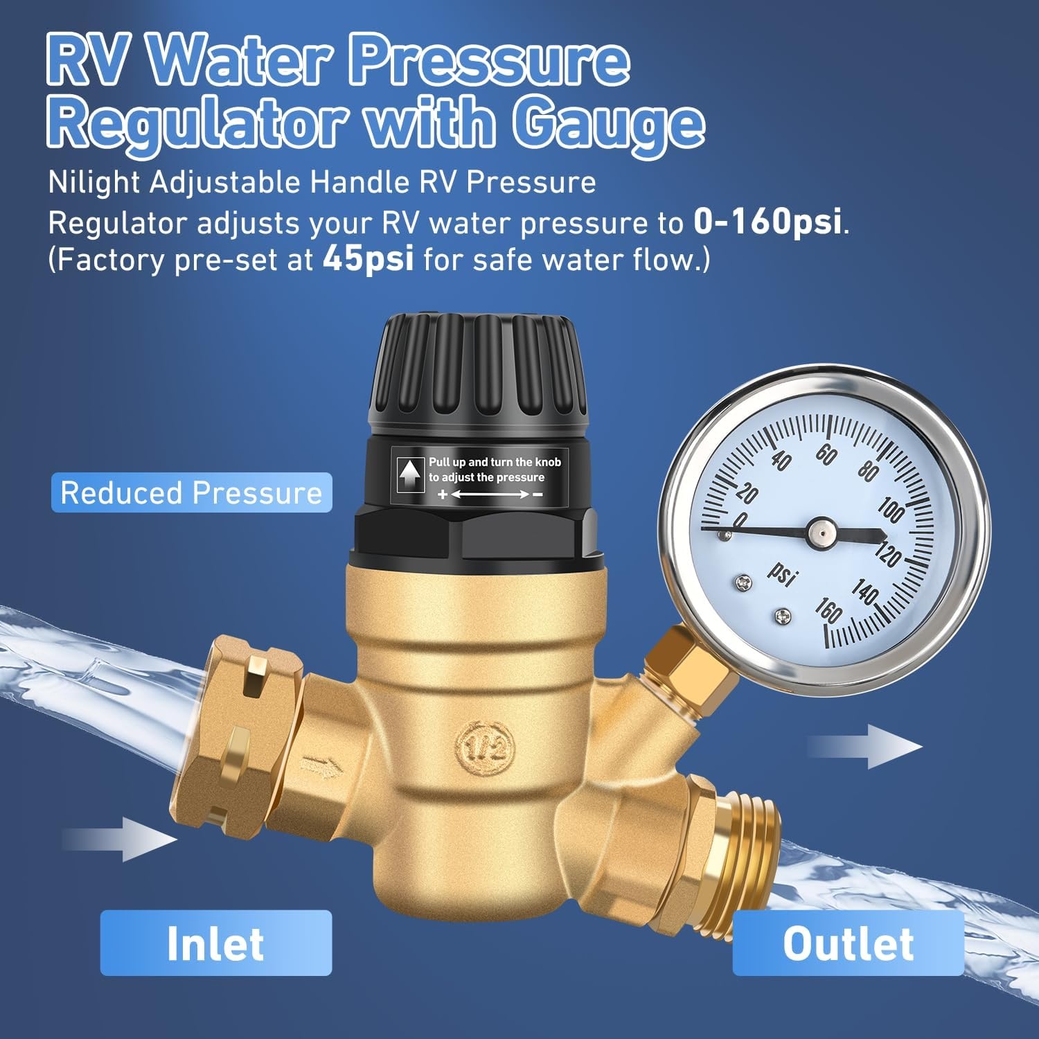 image:imageNilight RV Water Pressure Regulator for RV Camper Adjustable Handle Water Hose Pressure Regulator with Oil Filled Gauge and Inlet Screen Filter Brass Leadfree Reducer Valve for Camper Travel TrailerHandwheel adjustment