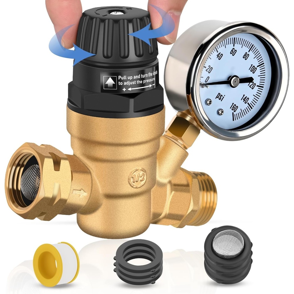 image:imageNilight RV Water Pressure Regulator for RV Camper Adjustable Handle Water Hose Pressure Regulator with Oil Filled Gauge and Inlet Screen Filter Brass Leadfree Reducer Valve for Camper Travel TrailerHandwheel adjustment