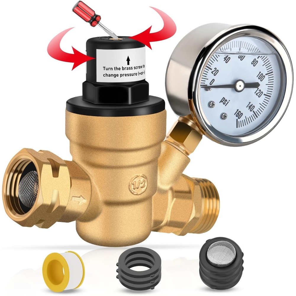 image:imageNilight RV Water Pressure Regulator for RV Camper Adjustable Handle Water Hose Pressure Regulator with Oil Filled Gauge and Inlet Screen Filter Brass Leadfree Reducer Valve for Camper Travel TrailerScrewdriver Adjustable  Oil Filled Gauge