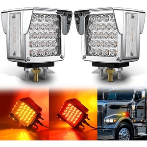image:imageNilight Square Double Face Fender Pedestal Lights 2PCS 52LED Clear Lens  Chrome Visor Red Amber Stop Turn Tail Parking Marker Clearance IP67 Three Stud Mount Fits Peterbilt Kenworth FreightlinerRed Amber Clear Lens 2PCS 52LED